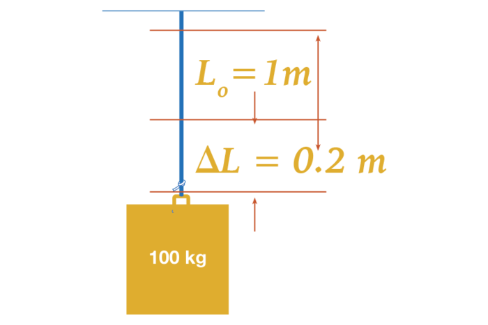 The object weighs one hundred kilograms and its initial length is one meter while the change in length is 0.2 meters. 